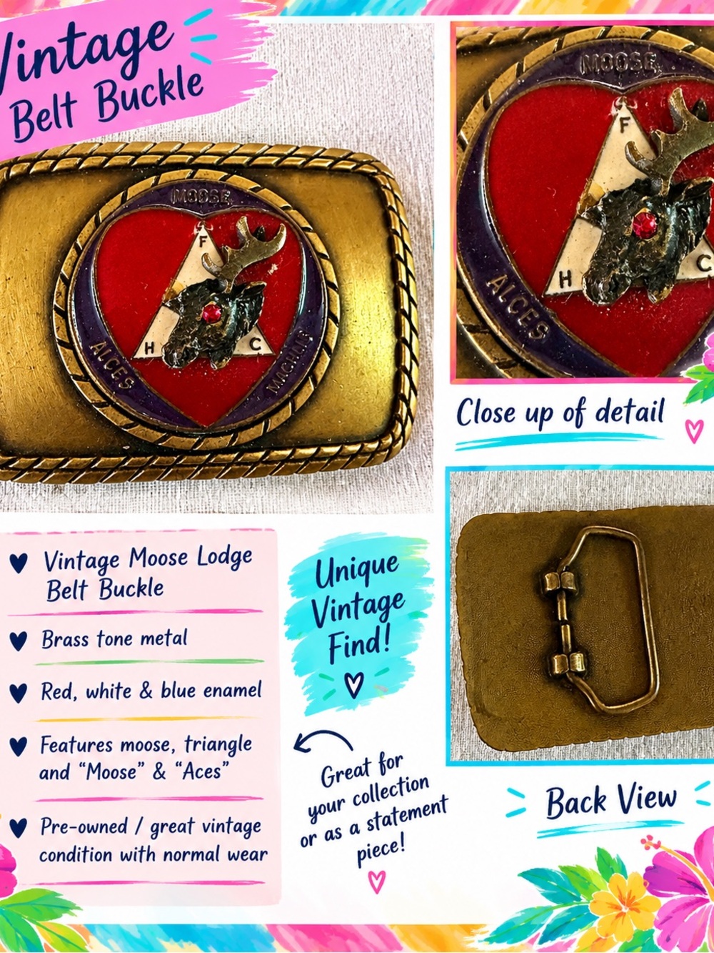 Vintage Moose Lodge Alces Machlis Enameled Fraternal Belt Buckle Brass Tone